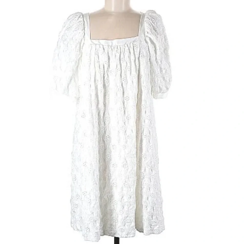 Anthropologie White Maeve‎ Puff Sleeve Eyelet Mini Dress Size S